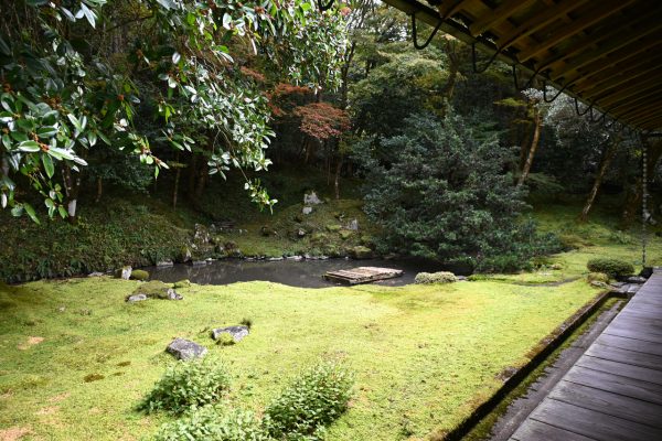 琵琶湖の形が刻まれた池がある池泉庭園