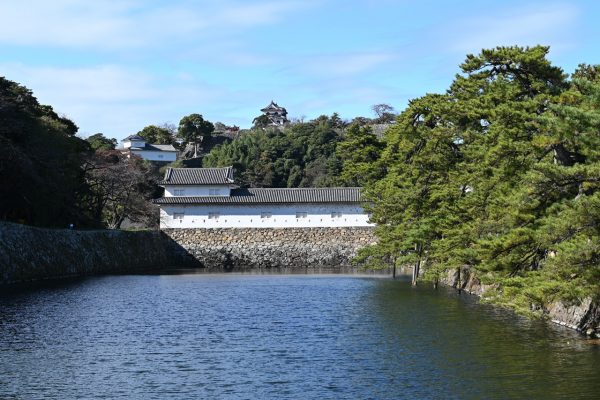 いろは松と佐和口多聞櫓、中腹には天秤櫓が見え、頂上には天守がそびえる