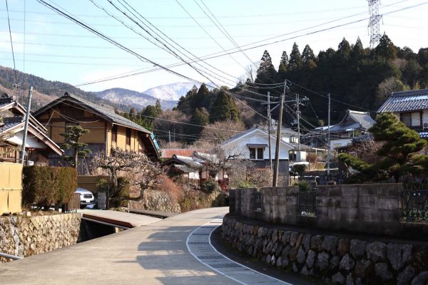 背後に霊仙山（標高1084メートル）がそびえる枝折集落